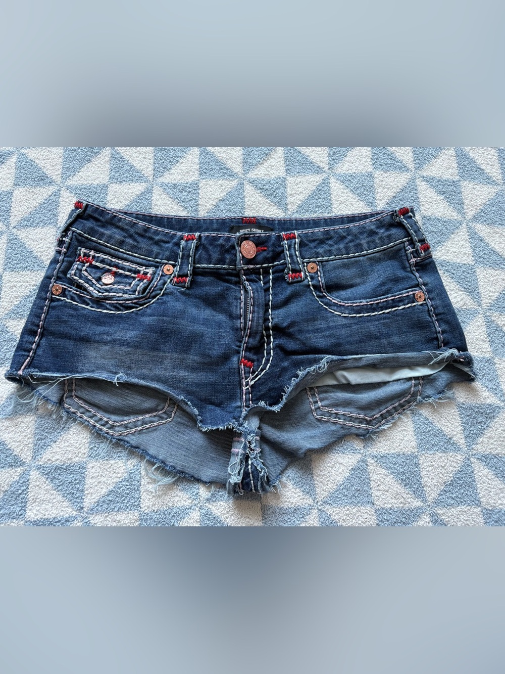 True Religion Dark Blue Distressed Denim Cutoff Shorts with Red Accents